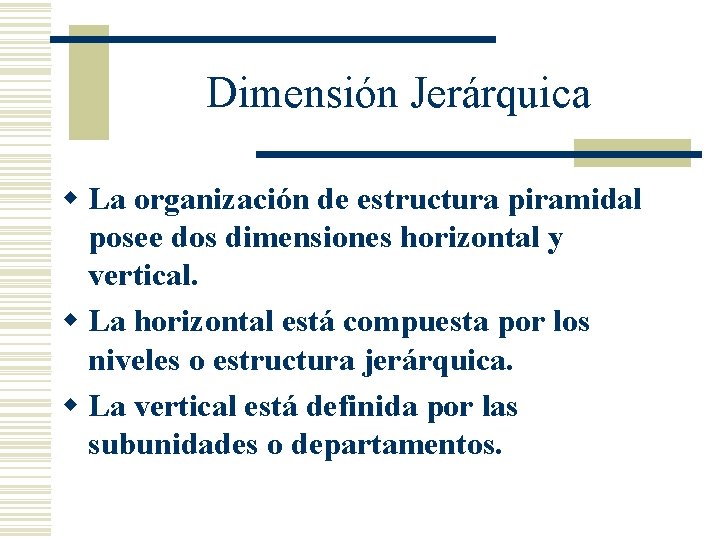 Dimensión Jerárquica w La organización de estructura piramidal posee dos dimensiones horizontal y vertical.