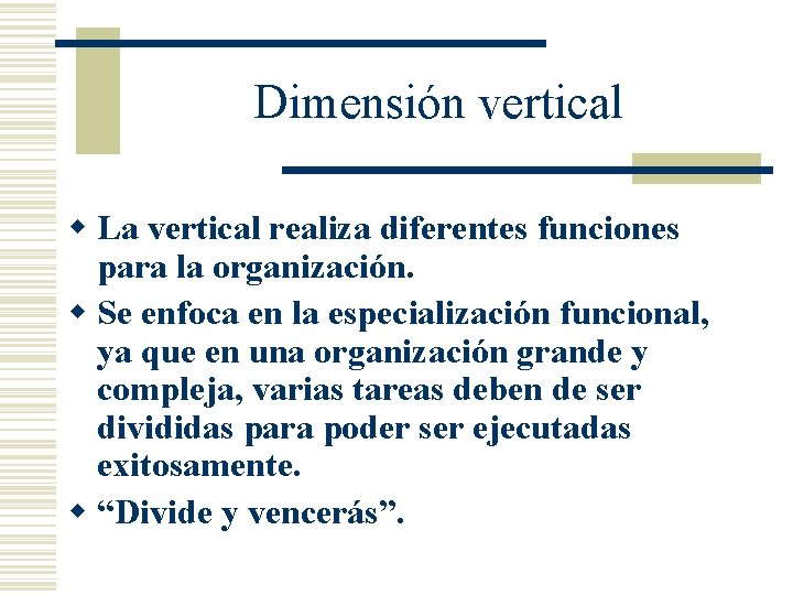 Dimensión vertical w La vertical realiza diferentes funciones para la organización. w Se enfoca