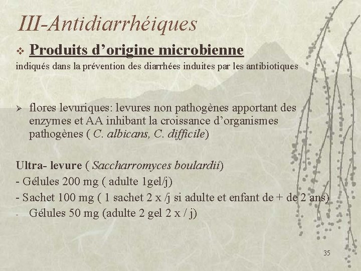 III-Antidiarrhéiques v Produits d’origine microbienne indiqués dans la prévention des diarrhées induites par les