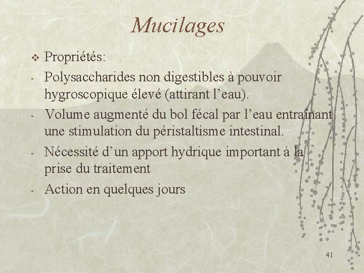 Mucilages v - - Propriétés: Polysaccharides non digestibles à pouvoir hygroscopique élevé (attirant l’eau).