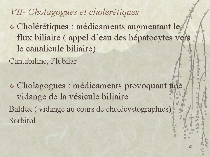 VII- Cholagogues et cholérétiques v Cholérétiques : médicaments augmentant le flux biliaire ( appel