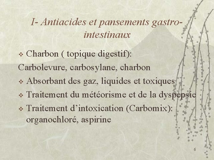 I- Antiacides et pansements gastrointestinaux Charbon ( topique digestif): Carbolevure, carbosylane, charbon v Absorbant