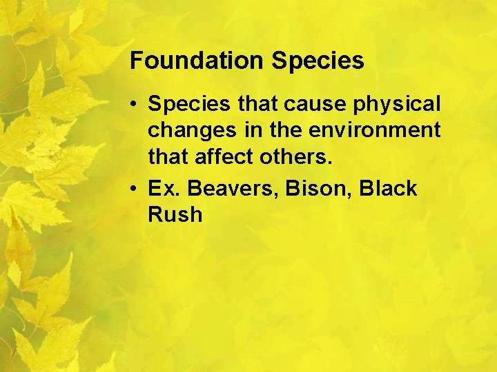 Foundation Species • Species that cause physical changes in the environment that affect others.