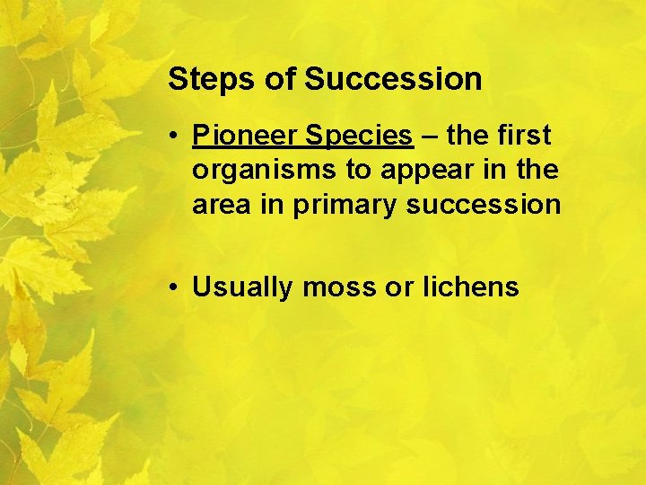 Steps of Succession • Pioneer Species – the first organisms to appear in the