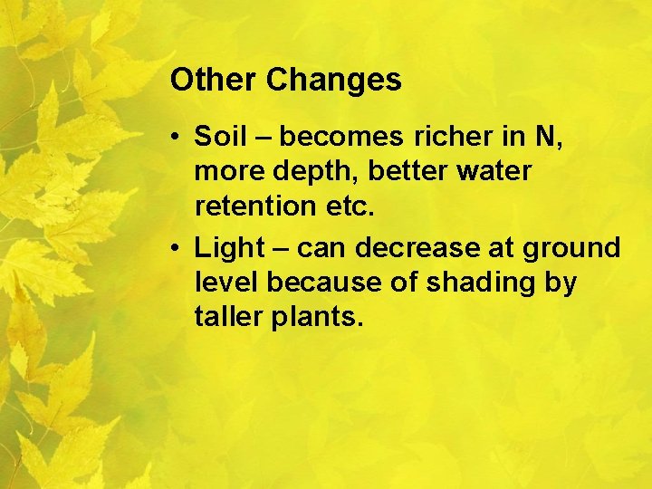 Other Changes • Soil – becomes richer in N, more depth, better water retention