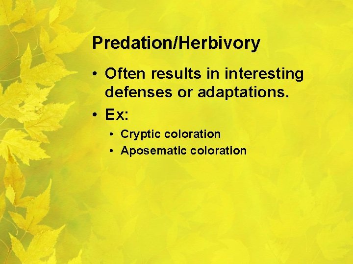 Predation/Herbivory • Often results in interesting defenses or adaptations. • Ex: • Cryptic coloration