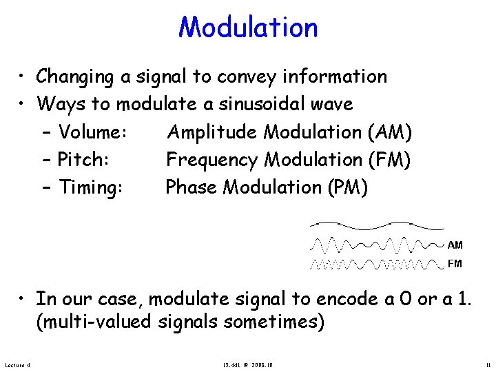 Modulation • Changing a signal to convey information • Ways to modulate a sinusoidal