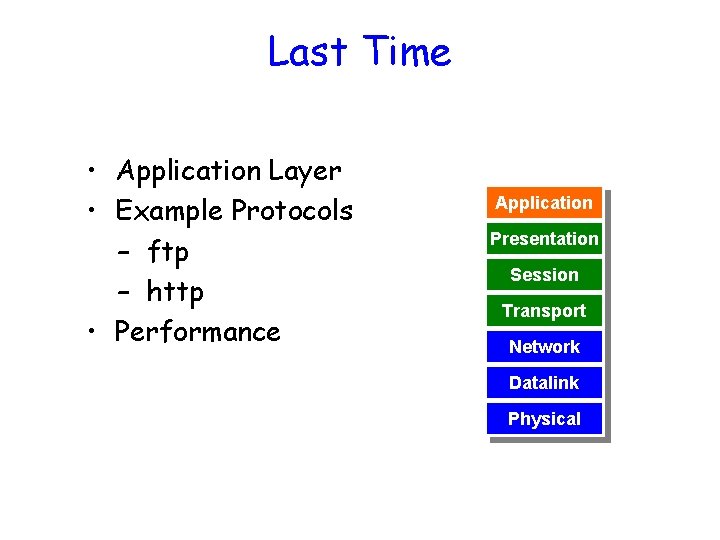 Last Time • Application Layer • Example Protocols – ftp – http • Performance