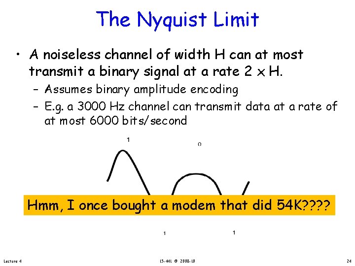 The Nyquist Limit • A noiseless channel of width H can at most transmit