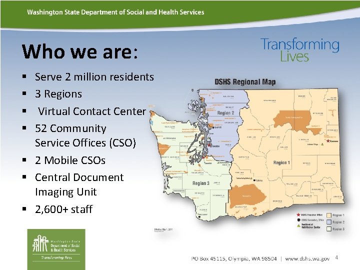 Who we are: Serve 2 million residents 3 Regions Virtual Contact Center 52 Community