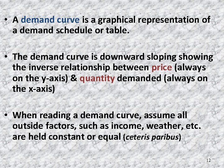  • A demand curve is a graphical representation of a demand schedule or