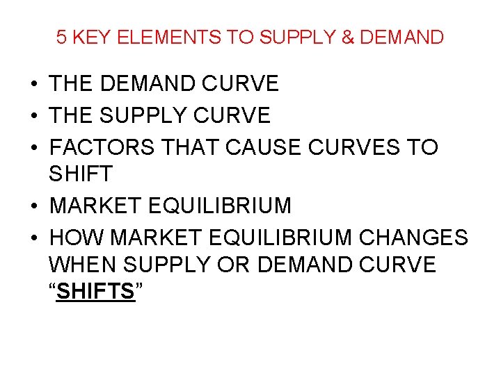 5 KEY ELEMENTS TO SUPPLY & DEMAND • THE DEMAND CURVE • THE SUPPLY