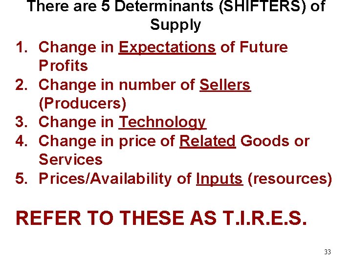 There are 5 Determinants (SHIFTERS) of Supply 1. Change in Expectations of Future Profits