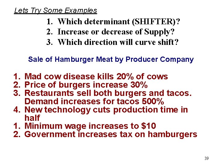 Lets Try Some Examples 1. Which determinant (SHIFTER)? 2. Increase or decrease of Supply?