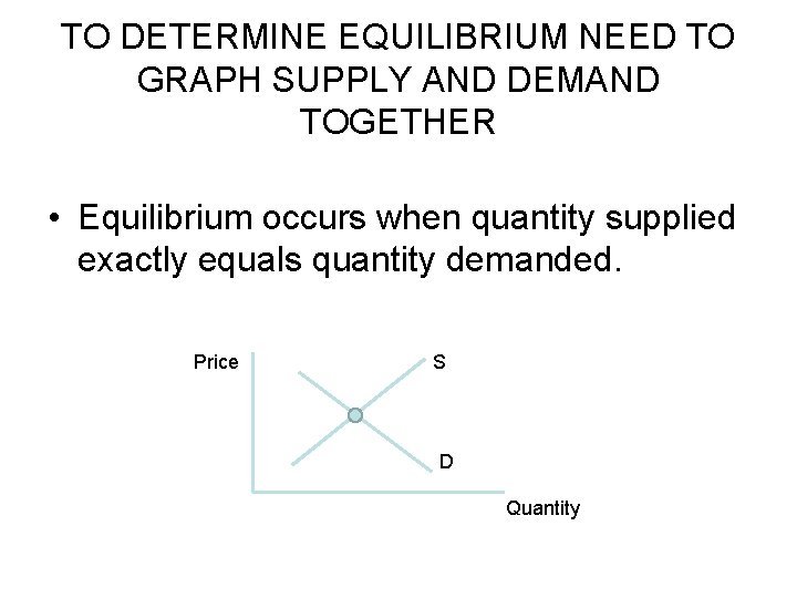 TO DETERMINE EQUILIBRIUM NEED TO GRAPH SUPPLY AND DEMAND TOGETHER • Equilibrium occurs when