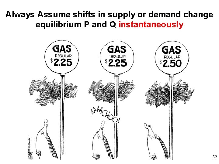 Always Assume shifts in supply or demand change equilibrium P and Q instantaneously 52