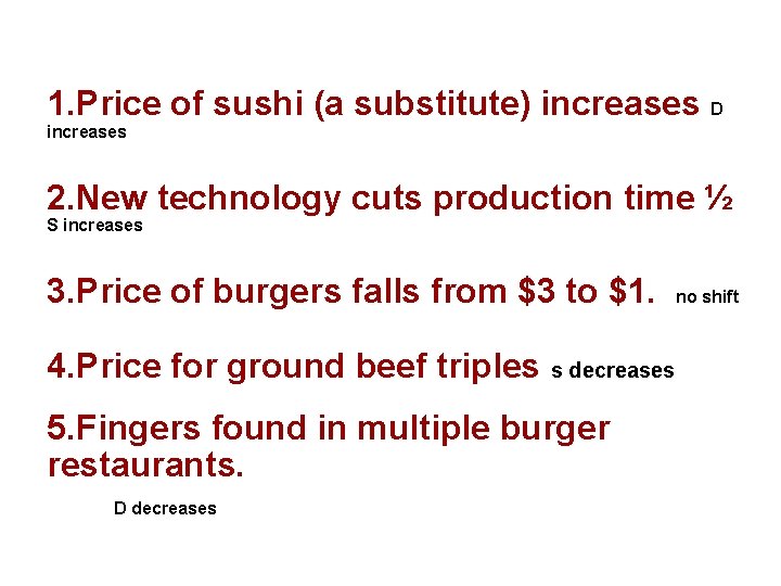 1. Price of sushi (a substitute) increases D increases 2. New technology cuts production