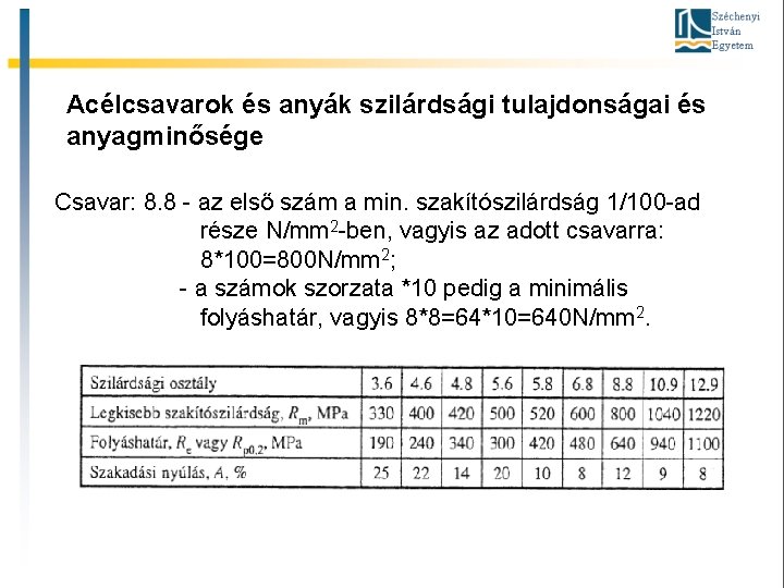 Acélcsavarok és anyák szilárdsági tulajdonságai és anyagminősége Csavar: 8. 8 - az első szám