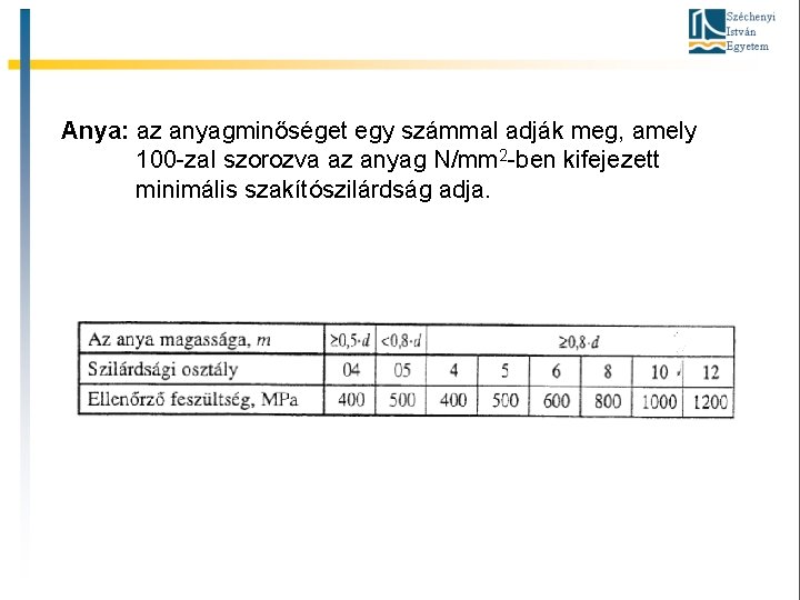 Anya: az anyagminőséget egy számmal adják meg, amely 100 -zal szorozva az anyag N/mm