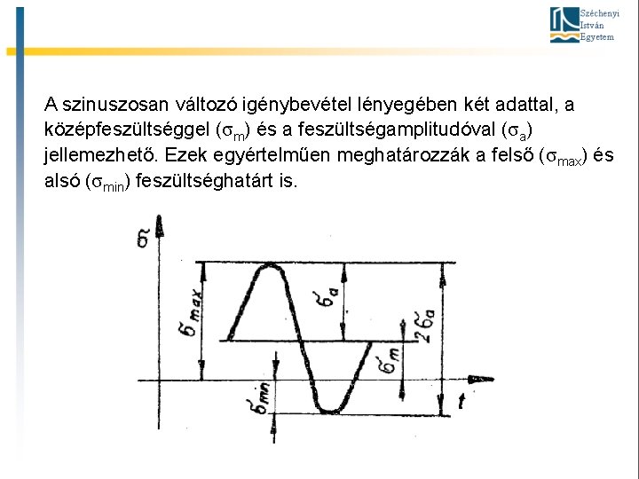 A szinuszosan változó igénybevétel lényegében két adattal, a középfeszültséggel (σm) és a feszültségamplitudóval (σa)