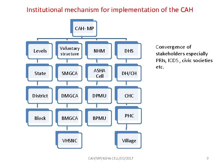 Institutional mechanism for implementation of the CAH- MP Levels Voluntary structure NHM DHS State