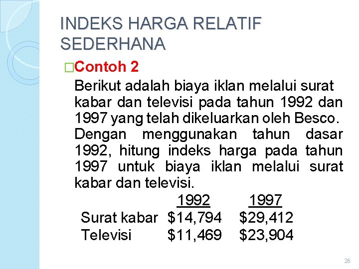 INDEKS HARGA RELATIF SEDERHANA �Contoh 2 Berikut adalah biaya iklan melalui surat kabar dan