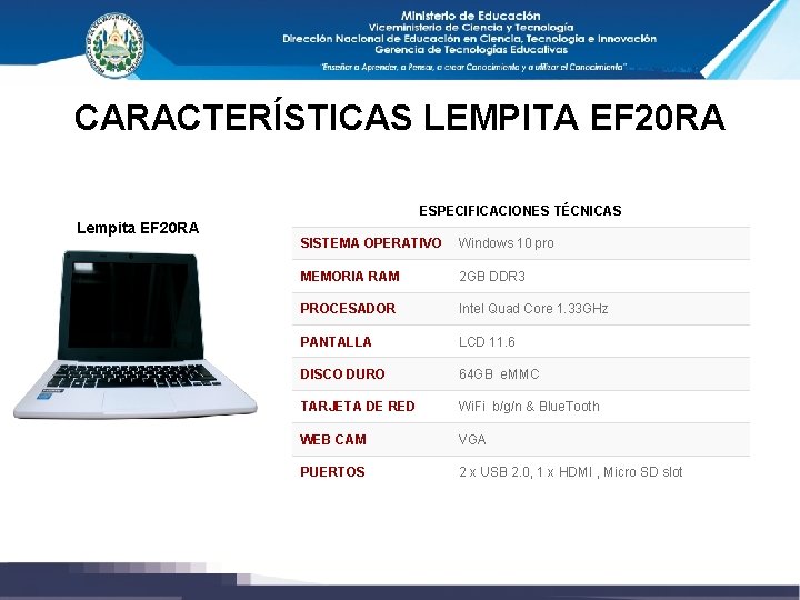 CARACTERÍSTICAS LEMPITA EF 20 RA ESPECIFICACIONES TÉCNICAS Lempita EF 20 RA SISTEMA OPERATIVO Windows