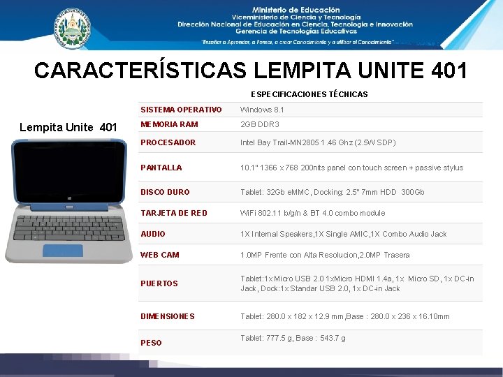 CARACTERÍSTICAS LEMPITA UNITE 401 ESPECIFICACIONES TÉCNICAS Lempita Unite 401 SISTEMA OPERATIVO Windows 8. 1