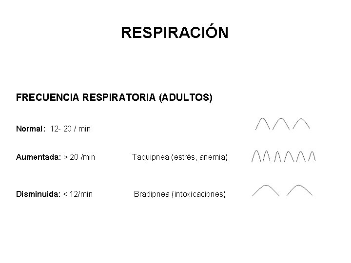 RESPIRACIÓN FRECUENCIA RESPIRATORIA (ADULTOS) Normal: 12 - 20 / min Aumentada: > 20 /min