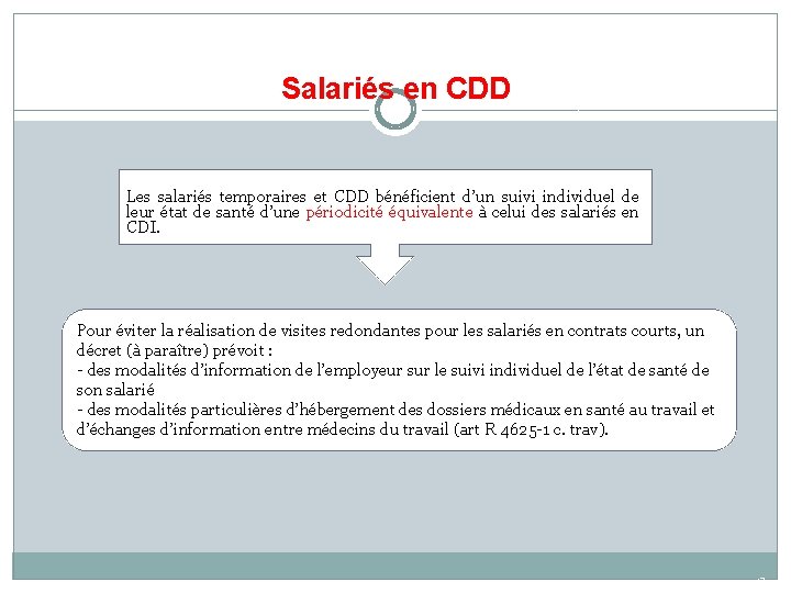 Salariés en CDD Les salariés temporaires et CDD bénéficient d’un suivi individuel de leur