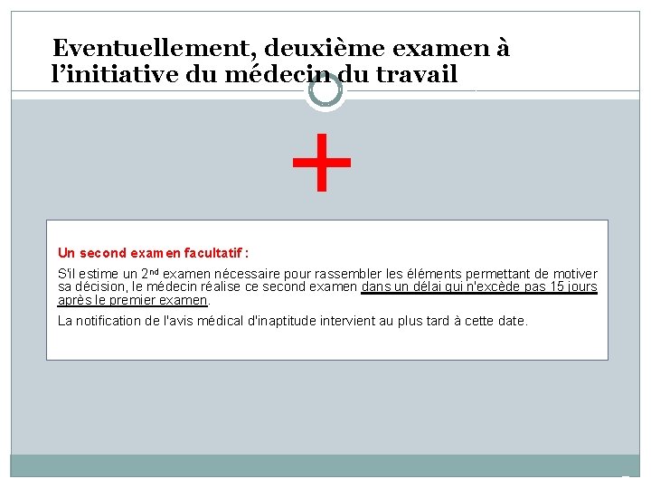 Eventuellement, deuxième examen à l’initiative du médecin du travail + • Un second examen