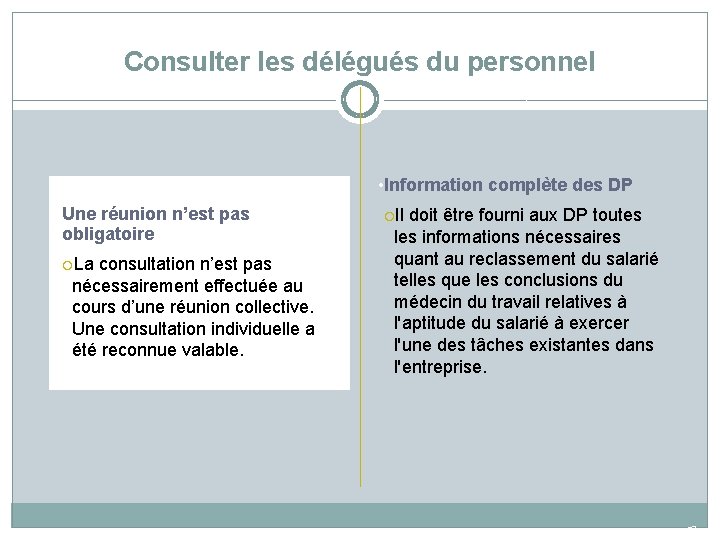 Consulter les délégués du personnel • Information complète des DP • Une réunion n’est