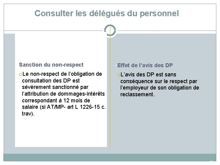 Consulter les délégués du personnel • Sanction du non-respect Le non-respect de l’obligation de