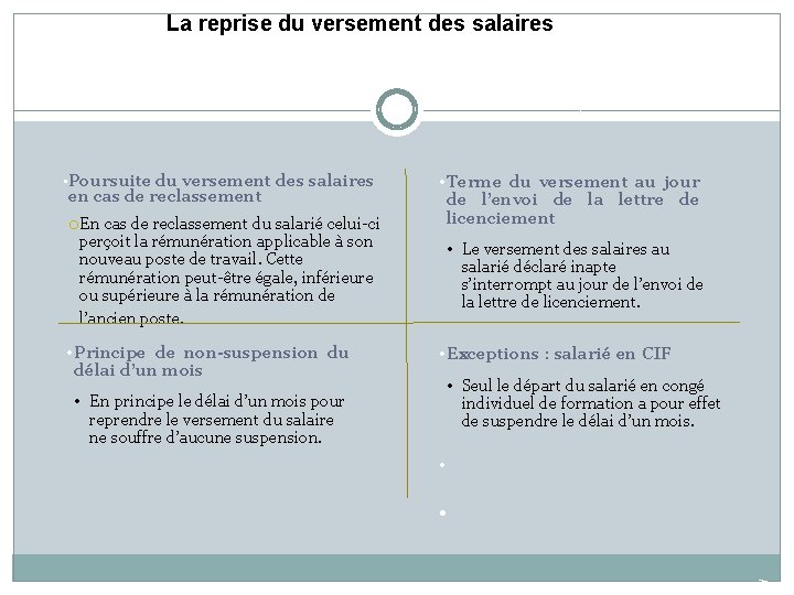 La reprise du versement des salaires • Poursuite du versement des salaires en cas