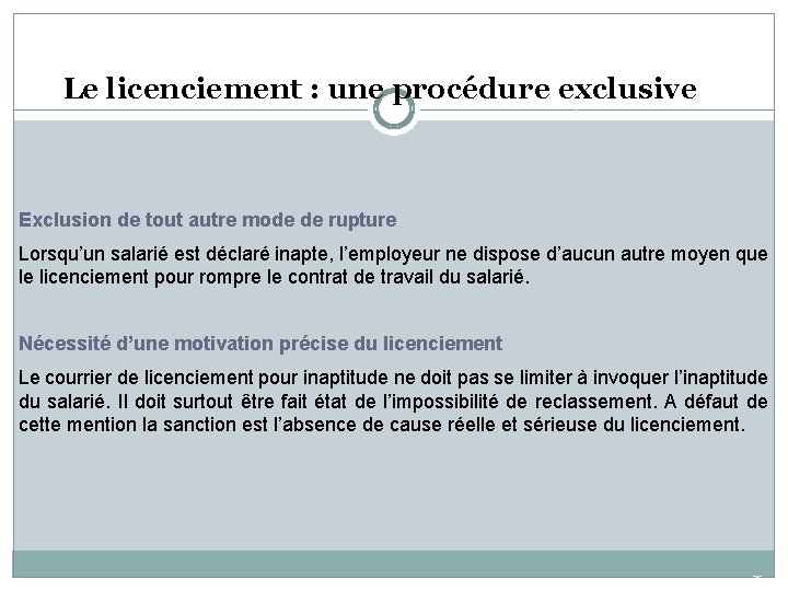 Le licenciement : une procédure exclusive Exclusion de tout autre mode de rupture Lorsqu’un