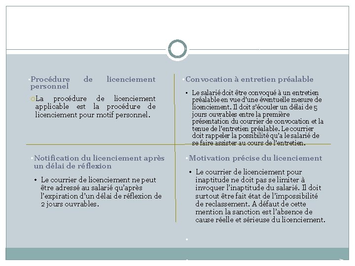  • Procédure personnel de licenciement La procédure de licenciement applicable est la procédure