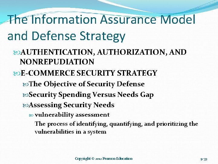 The Information Assurance Model and Defense Strategy AUTHENTICATION, AUTHORIZATION, AND NONREPUDIATION E-COMMERCE SECURITY STRATEGY The Information Assurance Model and Defense Strategy AUTHENTICATION, AUTHORIZATION, AND NONREPUDIATION E-COMMERCE SECURITY STRATEGY