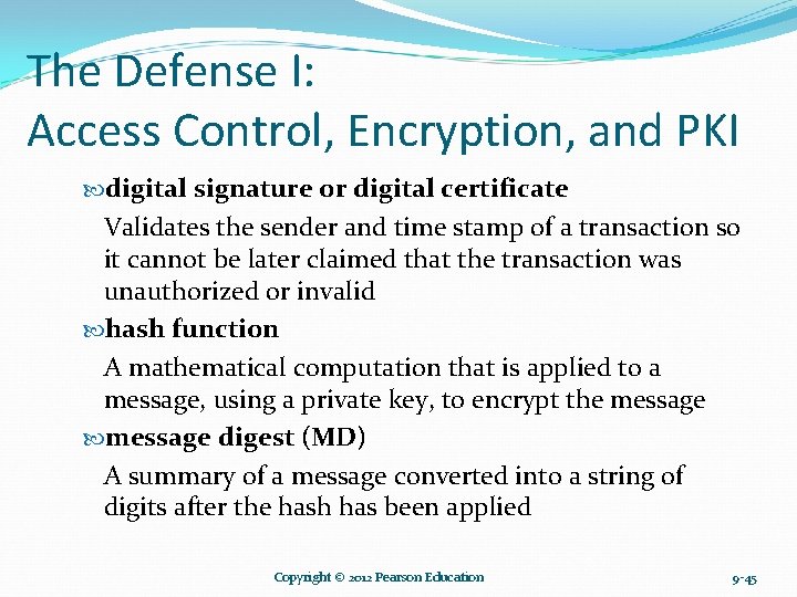 The Defense I: Access Control, Encryption, and PKI digital signature or digital certificate Validates The Defense I: Access Control, Encryption, and PKI digital signature or digital certificate Validates