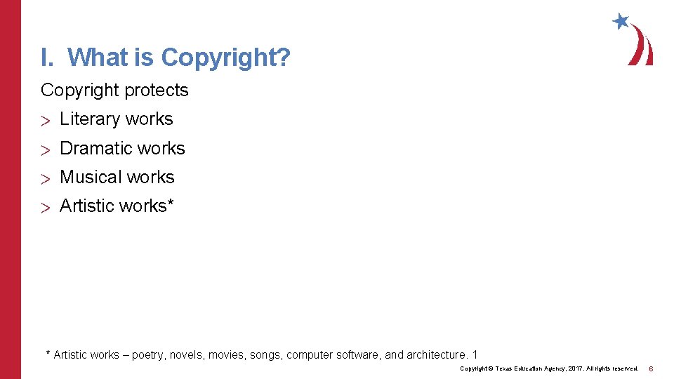 I. What is Copyright? Copyright protects > Literary works > Dramatic works > Musical
