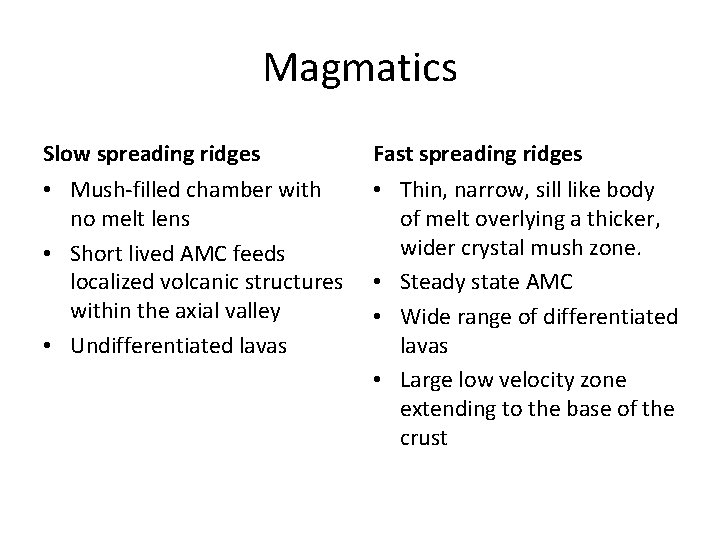 Magmatics Slow spreading ridges Fast spreading ridges • Mush-filled chamber with no melt lens Magmatics Slow spreading ridges Fast spreading ridges • Mush-filled chamber with no melt lens
