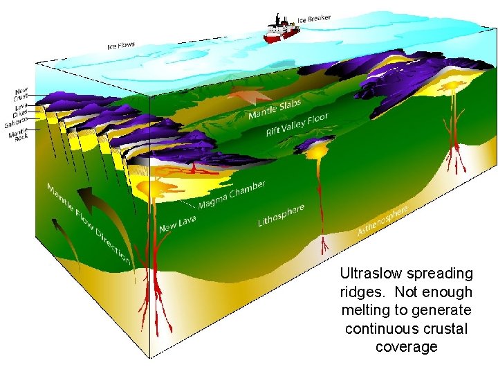 Ultraslow spreading ridges. Not enough melting to generate continuous crustal coverage Ultraslow spreading ridges. Not enough melting to generate continuous crustal coverage
