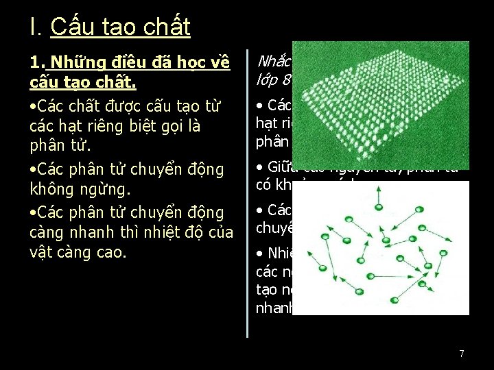 I. Cấu tạo chất 1. Những điều đã học về cấu tạo chất. •