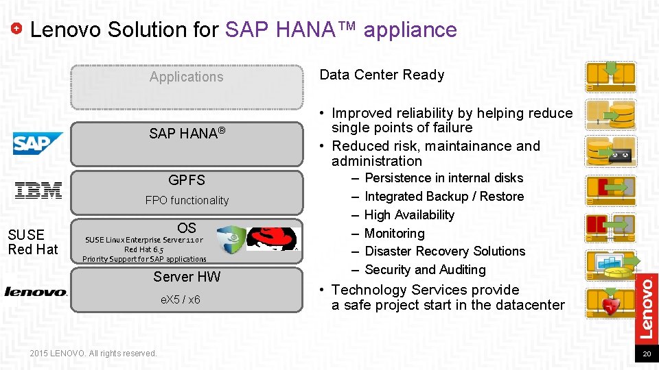Lenovo Solution for SAP HANA™ appliance Applications Data Center Ready SAP HANA® • Improved Lenovo Solution for SAP HANA™ appliance Applications Data Center Ready SAP HANA® • Improved