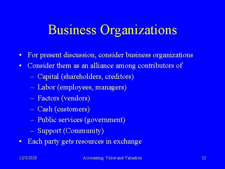 Business Organizations • For present discussion, consider business organizations • Consider them as an