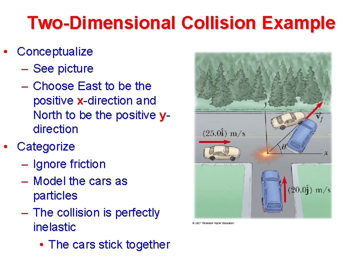 Two-Dimensional Collision Example • Conceptualize – See picture – Choose East to be the Two-Dimensional Collision Example • Conceptualize – See picture – Choose East to be the