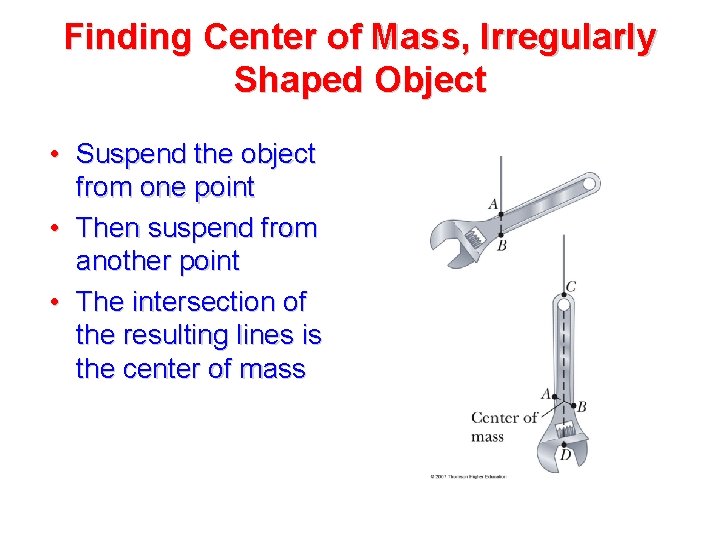 Finding Center of Mass, Irregularly Shaped Object • Suspend the object from one point Finding Center of Mass, Irregularly Shaped Object • Suspend the object from one point
