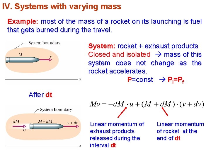 IV. Systems with varying mass Example: most of the mass of a rocket on IV. Systems with varying mass Example: most of the mass of a rocket on