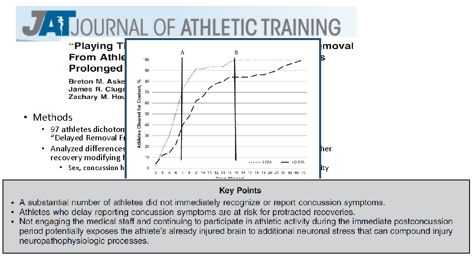  • Methods • 97 athletes dichotomized as “Immediate Removal From Activity” (I-RFA) or