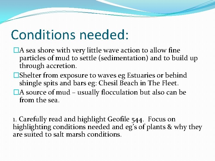 Conditions needed: �A sea shore with very little wave action to allow fine particles