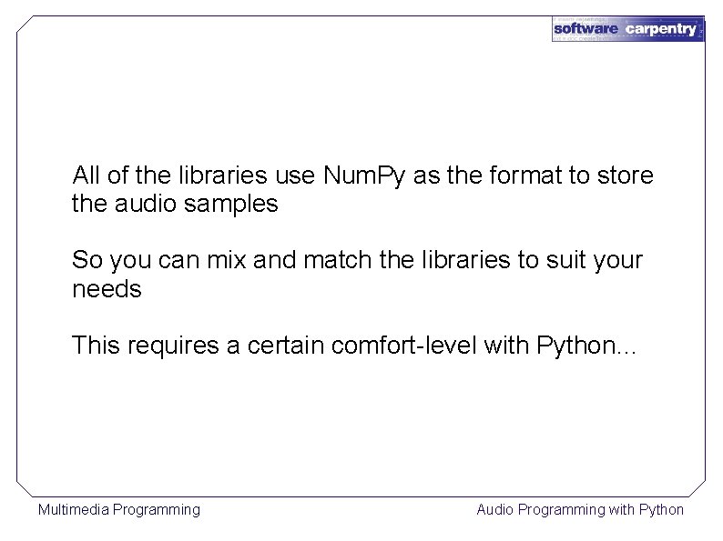 All of the libraries use Num. Py as the format to store the audio